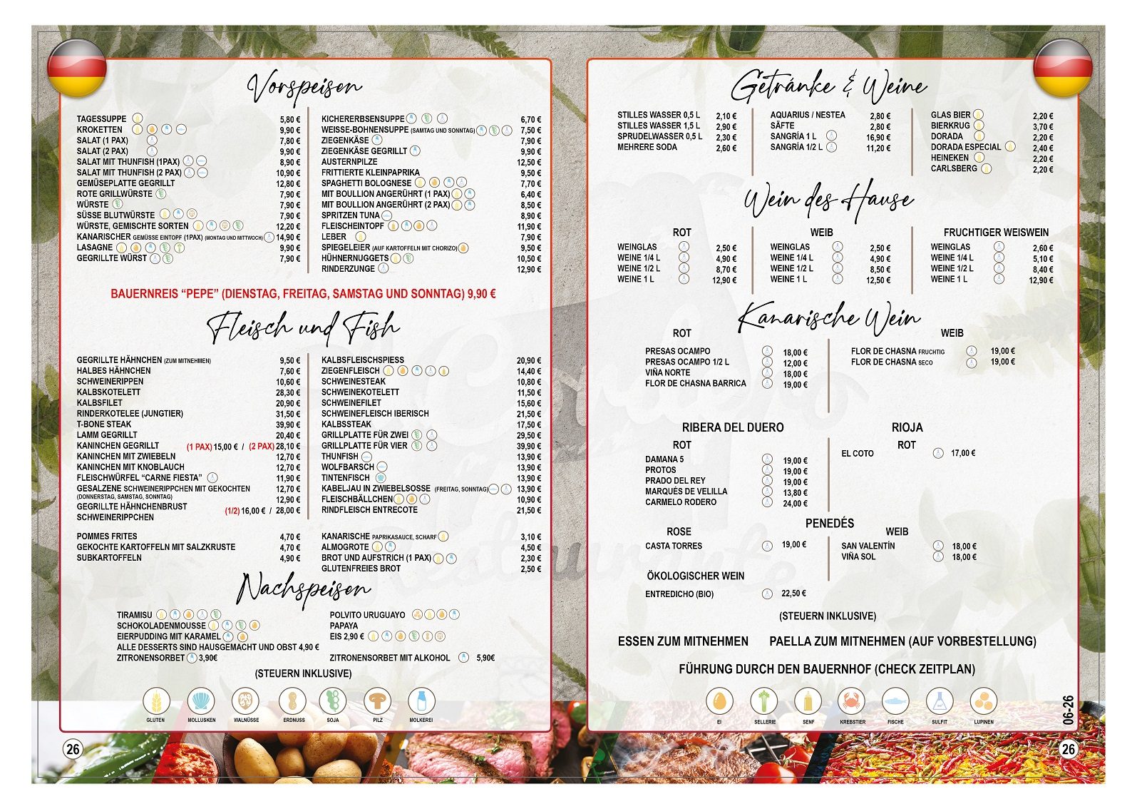 Carta del menú en Deutsch