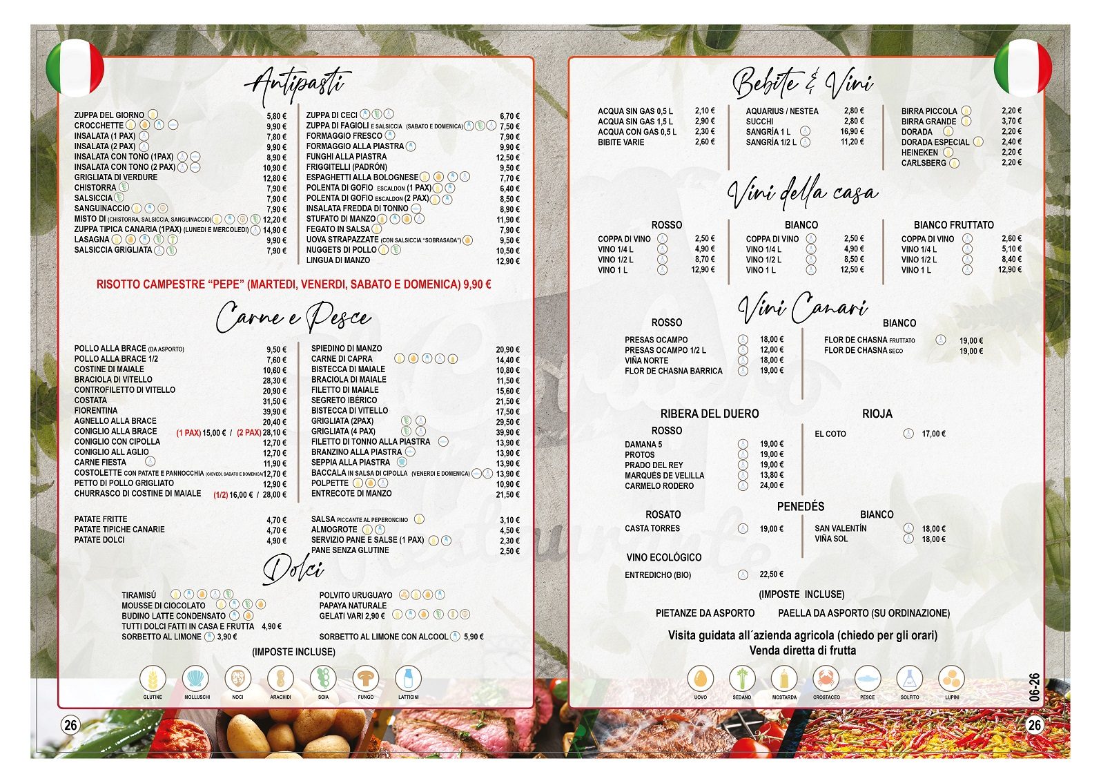 Carta del menú en Italiano