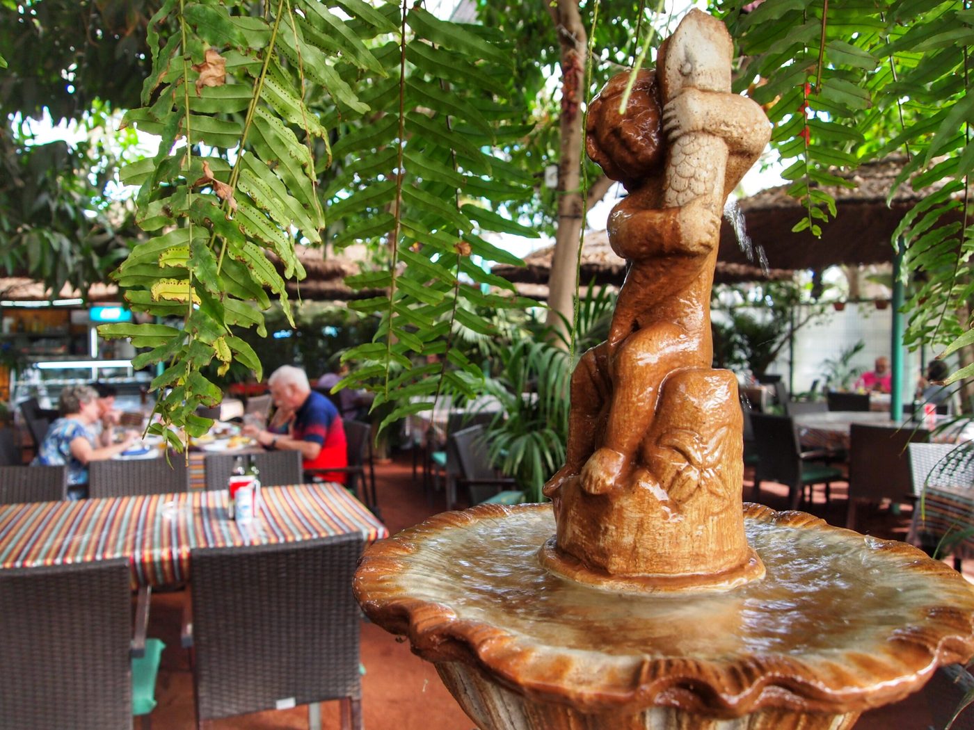 Comedor del área Tropical con mobiliario rústico